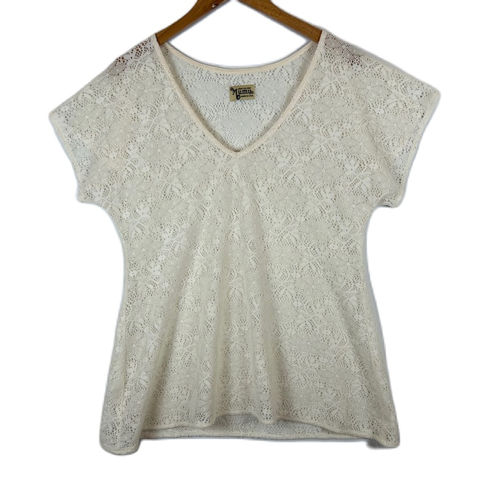Show Me Your Mumu Women's Ivory Sheer Floral Lace Short Sleeve Blouse‎